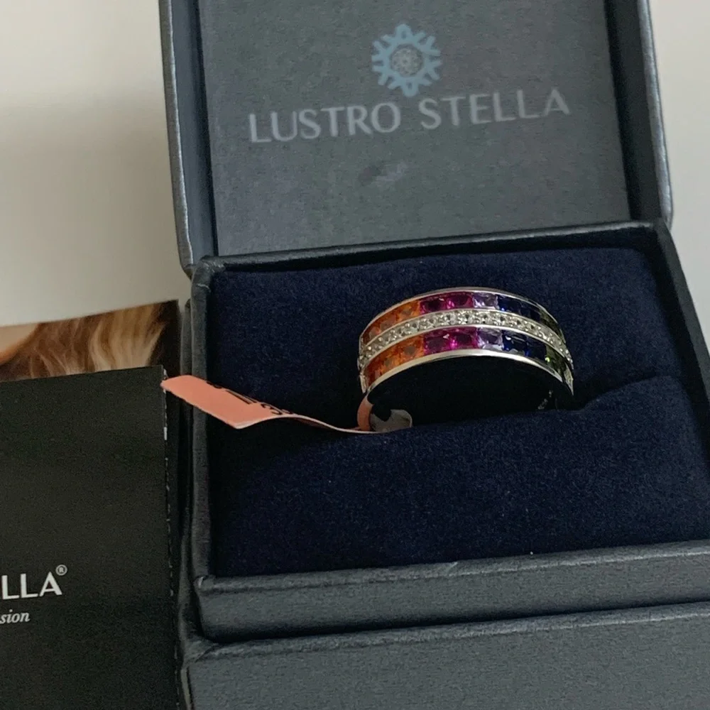 Lustro Stella 925 Sterling Silver Rainbow CZ Band Ring | Multi-Color Gemstone - Picture 6 of 7